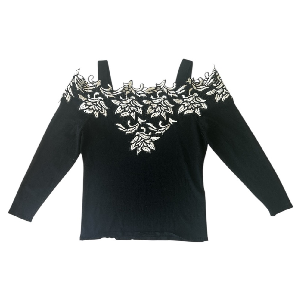 INC International Concepts Black Blouse with White Floral Design